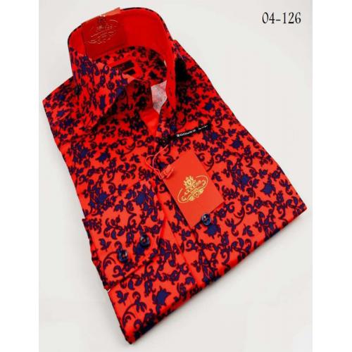 Axxess Red / Blue Flower Handpick Stitching 100% Cotton Dress Shirt 04-126